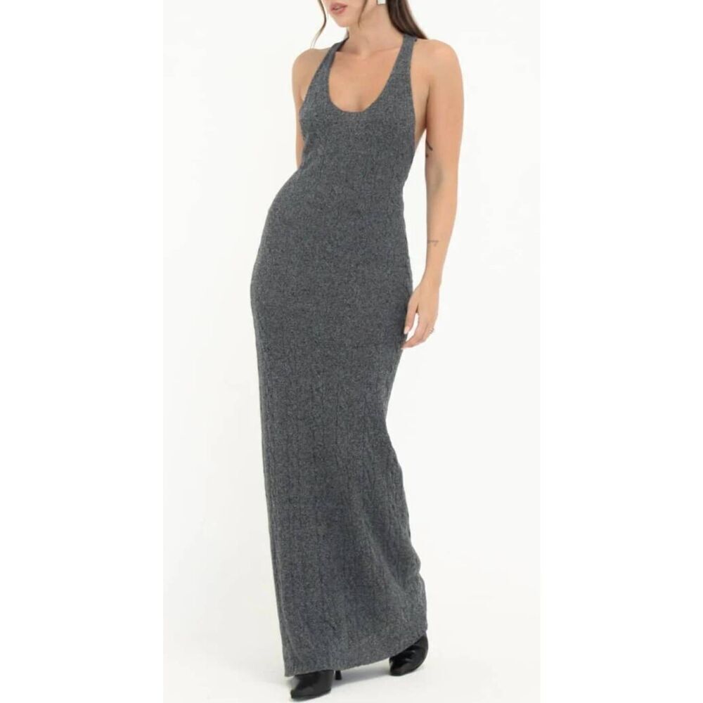 Rumored Lakeville Cable Knit Scoop Neck Racerback Maxi Dress in Smoke Heather
